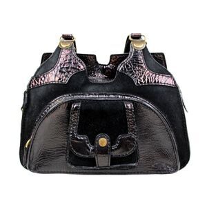 BICA CHEIA BLACK CRINKLED GENUINE LEATHER SUEDE TOTE SHOULDER BAG HANDBAG PURSE